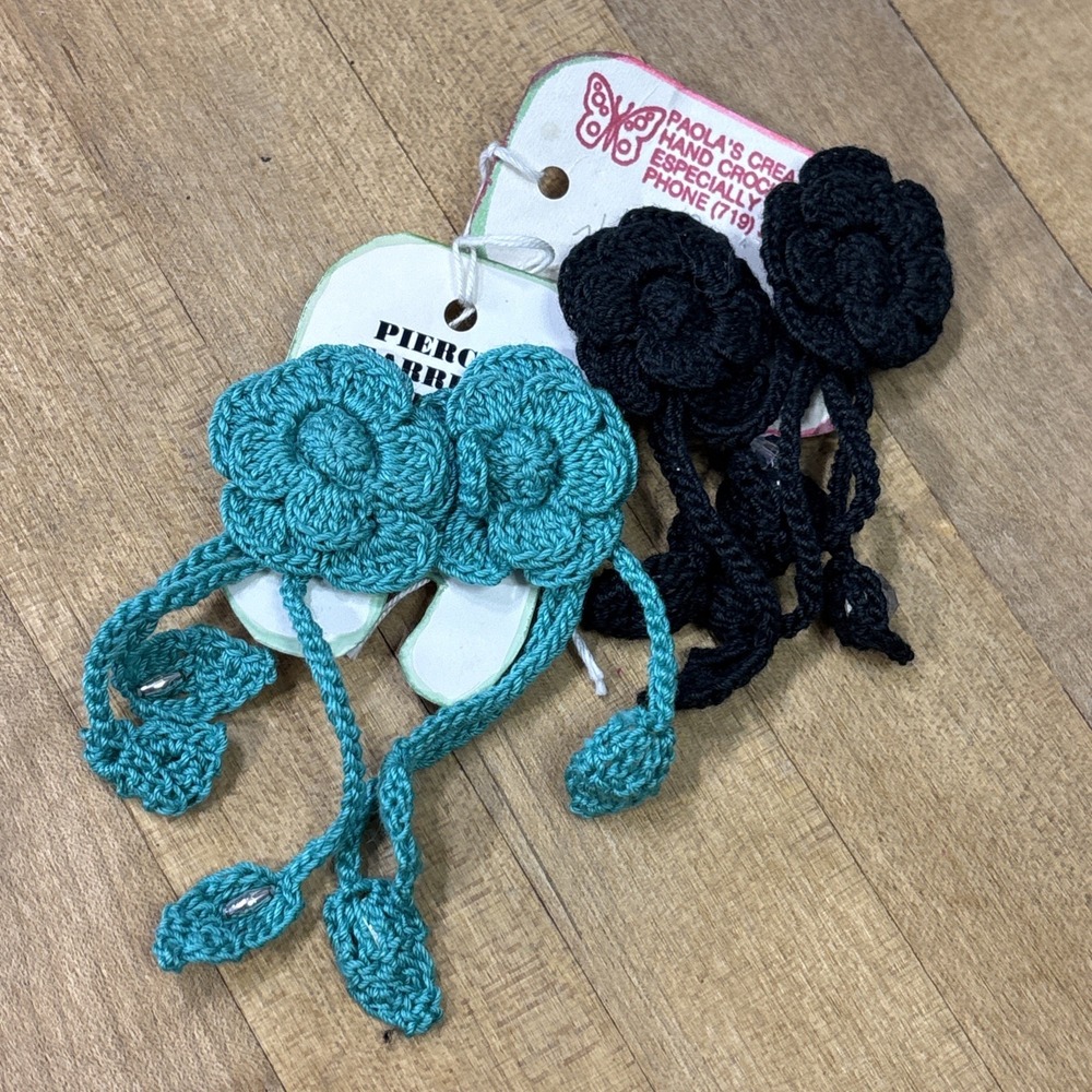 Vintage 90s Y2K Crochet Flower Earrings Lot 2 Paula's Creations Turquoise Black